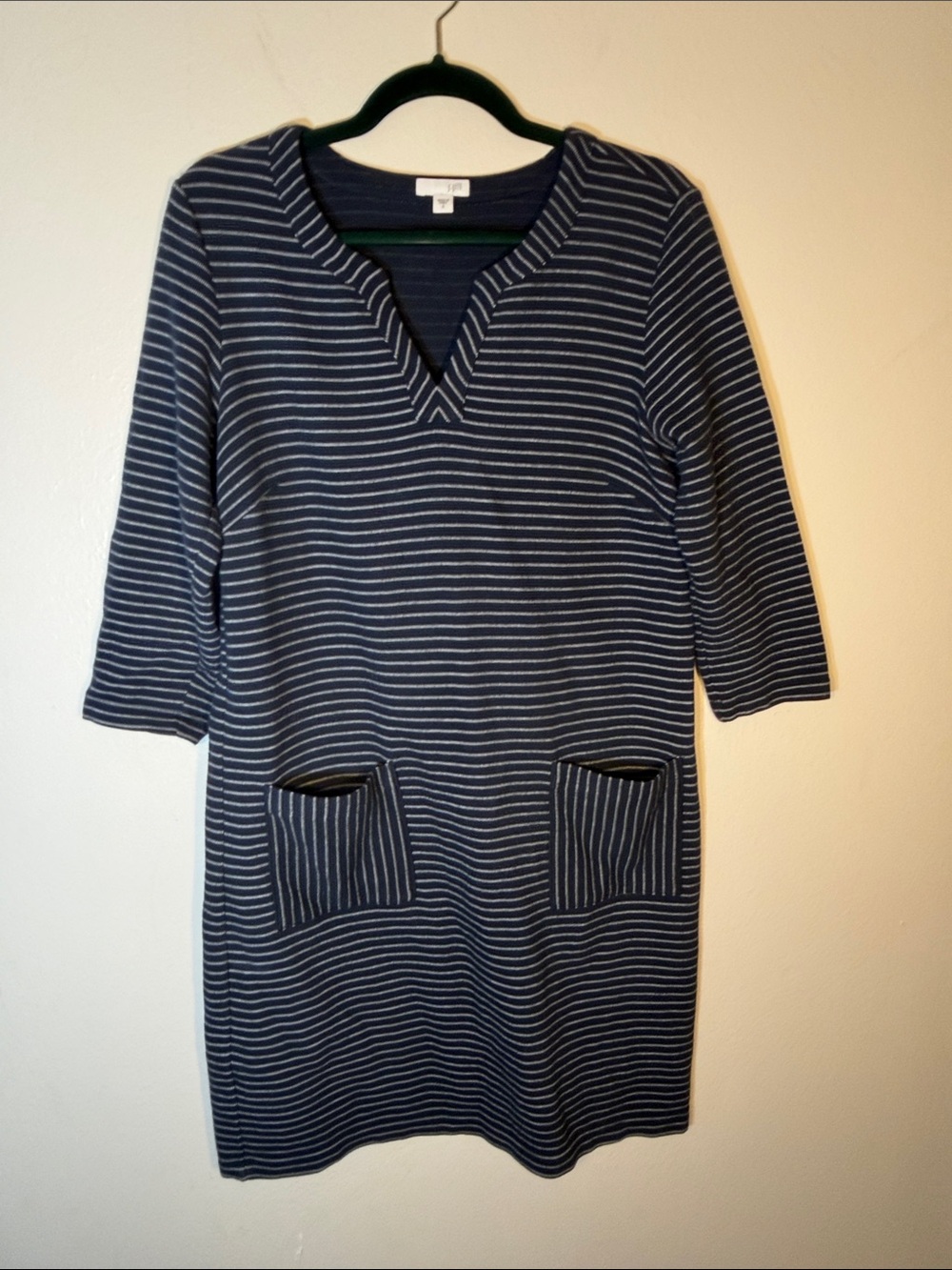 J. Jill Navy and White Striped 3/4 Sleeve Knit relaxed Casual Dress Small